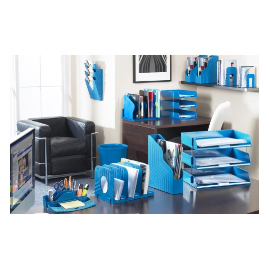 The image features a modern office space with blue organizational items, including file holders, storage trays, and a wastebasket. A black chair and a desk with a monitor are also visible, providing a tidy and colorful workspace.