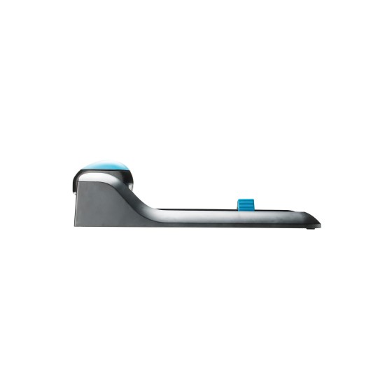 This is a clear image of a modern tape dispenser with a blue accent and a sleek design. It shows the side of the dispenser, with the tape roll visible and a push button to cut the tape.