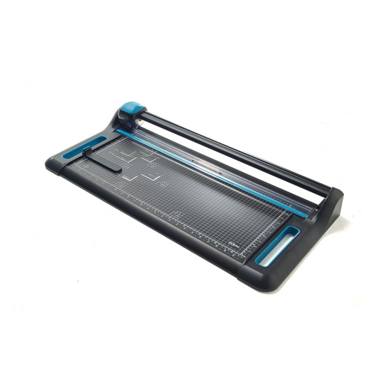 This is a cutting machine with a black and blue design, designed for precise cutting on a marked surface.