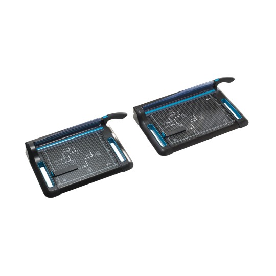 The image shows two paper trimmers or cutters with measuring grids and a blue handle. They are designed for precision cutting.