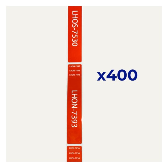 Vertical column of red product labels with codes and a blue "x400" on white background