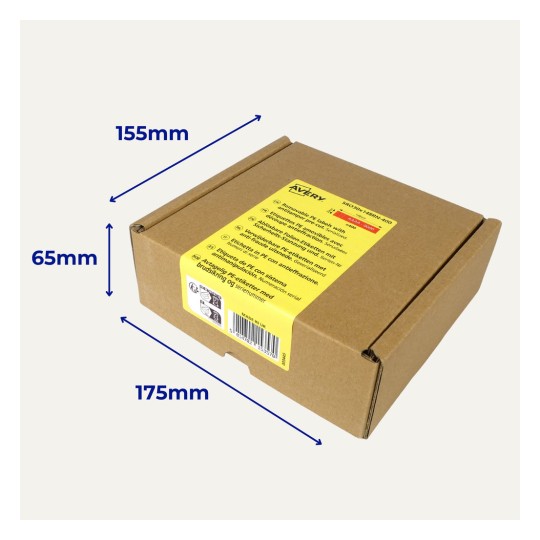 Brown cardboard box with yellow Avery label and blue measurements marked 155mm, 65mm, 175mm