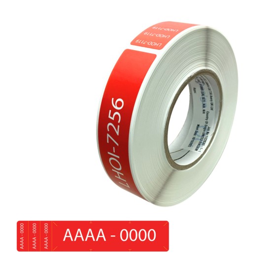 Roll of white labels with a red strip showing code 'LHOI-7256' and sample 'AAAA - 0000'