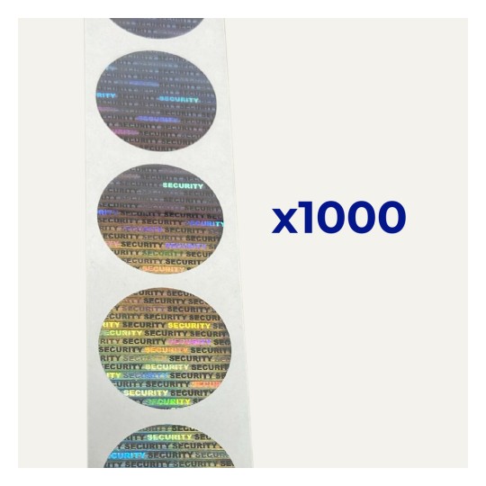 Strip of round holographic security stickers on white backing with 'x1000' text