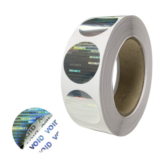 Roll of round holographic security VOID stickers on white backing