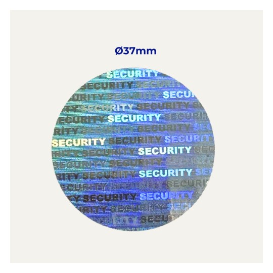 Round holographic sticker with repeated word "SECURITY" in blue tones