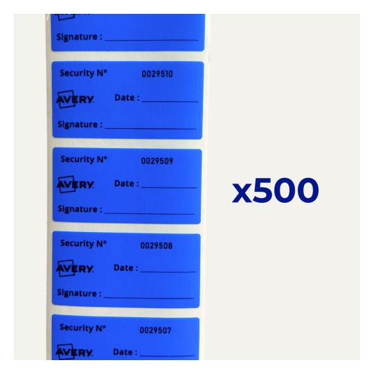 Vertical strip of blue Avery security labels with numbers and 'x500' text
