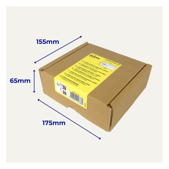 Brown cardboard box with yellow Avery label and blue measurement arrows