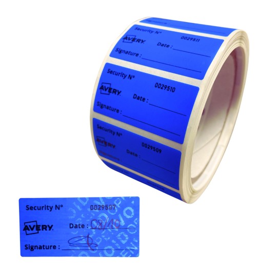 Roll of blue Avery security labels and one used blue security label