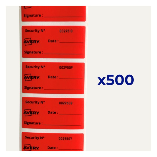 Strip of red Avery security labels with serial numbers and signature/date lines