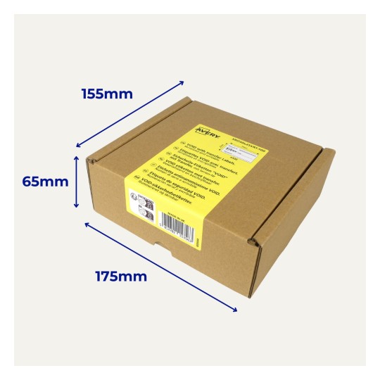 Brown cardboard box with yellow label and blue dimension arrows (155mm, 65mm, 175mm)