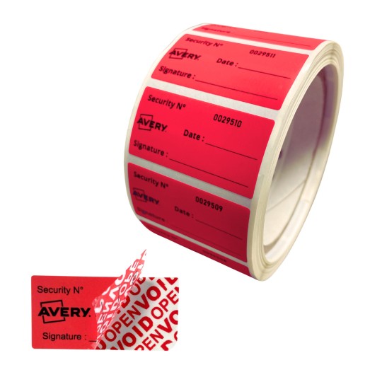 Roll of pink Avery security labels and one peeled label showing 'VOID/OPEN' backing