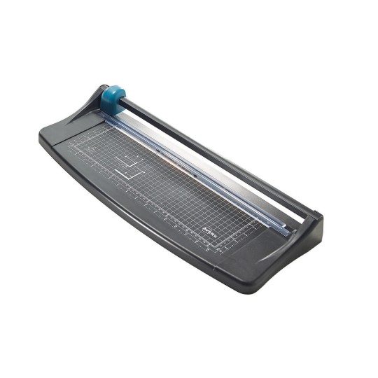 The image shows a paper cutter, a tool used for trimming sheets of paper. It features a flat base with measurement markings and a cutting blade that can be slid along a rail for precise cuts.