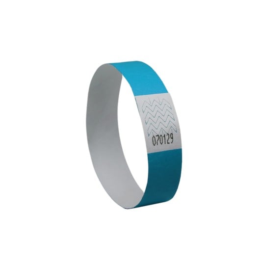 The image shows a blue paper wristband with a white section marked with the number 070129 and a zigzag pattern. It appears to be a simple identification or event wristband.