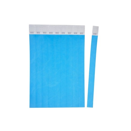 The image shows a set of blue adhesive labels or tags, arranged in a row with serial numbers printed on top.