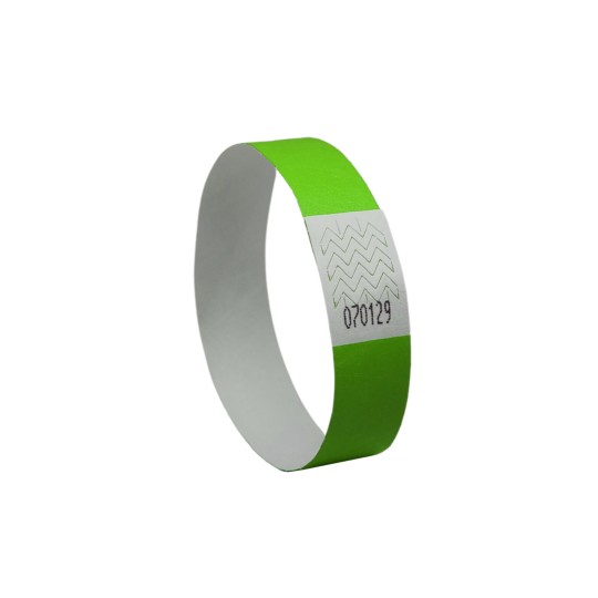 The image shows a green wristband with a white segment printed with a pattern and a number, likely used for event identification or access control.