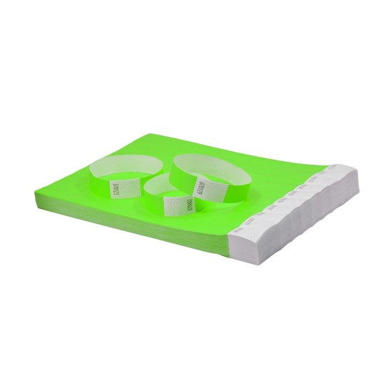 The image features a stack of bright neon green paper with two white paper bands placed on top. The bands have numbers printed on them, indicating they may be used for categorization or organization. The paper appears to be neatly stacked on one side.