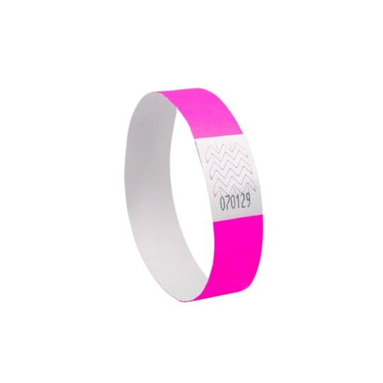 The image shows a pink wristband, typically made of paper or plastic, with a white section that includes a pattern and a number. It is commonly used for events, such as parties or concerts, to indicate entry or attendance.