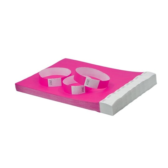 The image displays a stack of pink paper sheets with a few white bands around them. The sheets are well-aligned, and the bands appear to have markings or labels on them.
