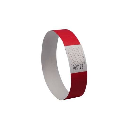 The image shows a red wristband or bracelet made of paper, featuring a white section with a zigzag pattern and a number printed on it.