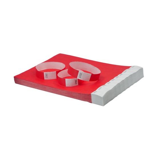 This image features a stack of red paper with several white bands around it. The bands have numbers printed on them, and the paper appears to be organized and neatly arranged.
