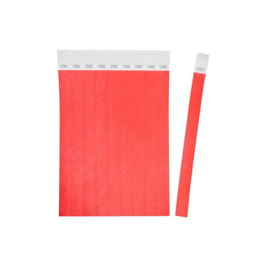 The image shows a set of red wristbands, typically used for events, with sequential numbers printed on the one side.