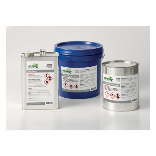 The image displays three containers labeled with hazardous material warnings. The containers include a silver canister labeled 'Heptane,' a blue bucket for 'Polyurethane Coating,' and a silver can with safety warnings. Each container features labels highlighting dangers and safety precautions for handling.