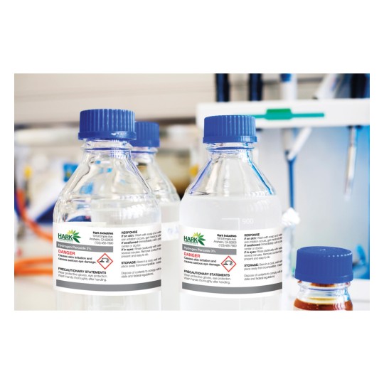 The image features several bottles of hydrogen peroxide with labels detailing safety warnings, handling instructions, and storage precautions. The setting appears to be a laboratory, with lab equipment in the background.
