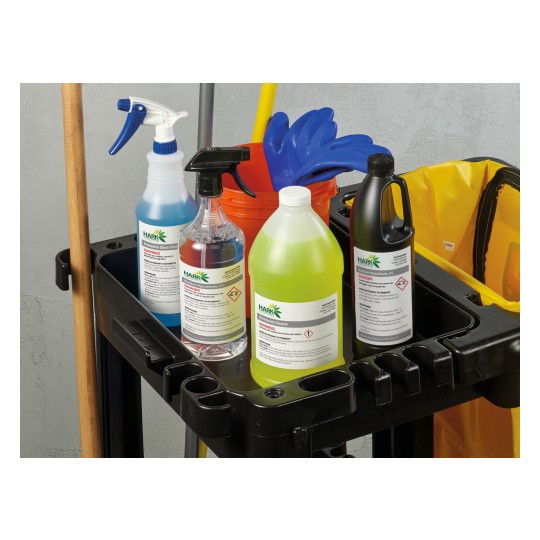 The image features a cleaning cart with various cleaning supplies. It includes sprayers, bottles of chemicals, a mop handle, and a bucket, all organized neatly for cleaning tasks.