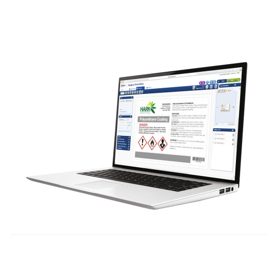 The image shows a laptop displaying a design and print interface for Hark Industries with details about polyurethane coating, including precautionary statements and hazard symbols.