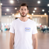Adhesive name badge on a t-shirt