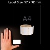 The image features a roll of labels with dimensions of 57 X 32 mm, next to a hand for size reference. There is also an A4 label indicated in the background. The backdrop is dark, enhancing the visibility of the labels and hand.