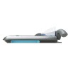The image shows a side view of an office or crafting tool, likely a paper trimmer or cutter, featuring a sleek design with a black and blue color scheme.