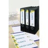 The image shows three black binders labeled 'Marketing', 'Receipts', and 'Clients'. There are sheets of paper on the table titled 'Marketing', 'Budgets', 'Clients', and 'Sales Lead', along with a computer keyboard in the background.