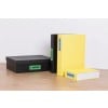 The image depicts organized office supplies including a black box labeled 'FORMS', a black binder labeled 'INVOICES', a yellow binder labeled 'REGULATION', and a yellow notebook labeled 'RECEIPTS'.