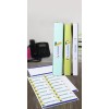 The image displays three binders labeled 'Budgets,' 'Marketing,' and 'Meetings' arranged on a wooden desk. In front of them, there's a sheet of labels featuring the same titles along with 'Customers.' A black telephone is visible in the background.