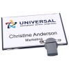 The image shows a name badge or ID card for Christine Anderson, who works in marketing at Universal International Service Corporation. The badge displays the company logo and her name prominently.
