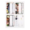 The image features a set of four cards or labels with sections for 'contents' and 'date', surrounded by vibrant images of food such as fruits and vegetables.