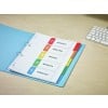 The image shows a blue folder containing a binder with labeled sections for budgets, analysis, pricing, markets, and forecast. A keyboard is visible in the background on a wooden desk.