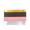 The image features several sheets of colored paper stacked horizontally. The colors are, from top to bottom, gold, black, pink, and silver, showcasing a variety of textures and finishes.