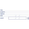 The image shows a blank label with spaces for item details including 'ITEM', 'QUANTITY', 'MADE BY', 'DATE', and 'USE BY', with a logo from Avery.