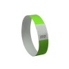 The image shows a green wristband with a white segment printed with a pattern and a number, likely used for event identification or access control.