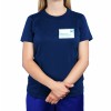 The image shows a person wearing a navy blue t-shirt with a name badge that reads 'Emma Garcia, Project Manager'. The individual has their arms crossed in front of them. The background is plain white.