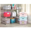 The image shows a storage shelf with various labeled containers in different colors. The shelf has baskets for organization, with items like puzzles, clothing, and other labeled categories. There are also small plants and decorative elements on the shelves, and the setting appears bright and organized.
