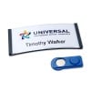 The image features a name badge with the name 'Timothy Walker' and a logo for 'UNIVERSAL international service corporation', alongside a blue magnetic badge holder.