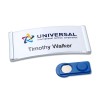 The image shows a name badge with the logo of 'Universal international service corporation' and the name 'Timothy Walker'. Next to it is a blue name badge holder.