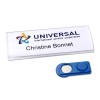 The image shows a name tag for 'Christine Bonnet' from 'UNIVERSAL international service corporation' along with a blue magnetic name tag holder.