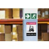 In the image, there is a sign indicating a forklift traffic area, with a danger warning symbol and emergency signs.
