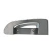 The image shows a side view of a gray stapler, highlighting its curved design and handle. The stapler appears to have metallic elements and screws visible.