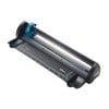 This is a cutting machine with a flat cutting sleeve and a grid for precise measurements. It has a blue handle and a black casing.